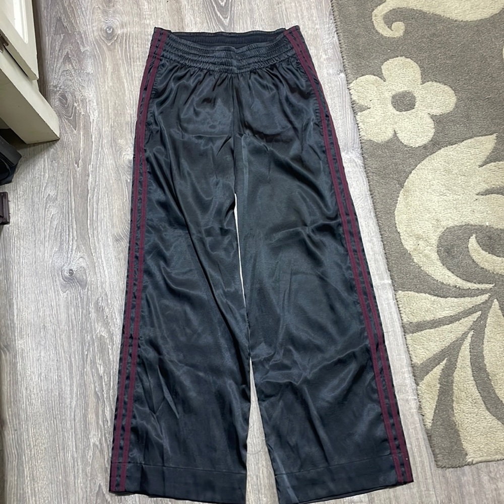 Adidas satin tearaway oversize wide leg pants with maroon satin stripes Small